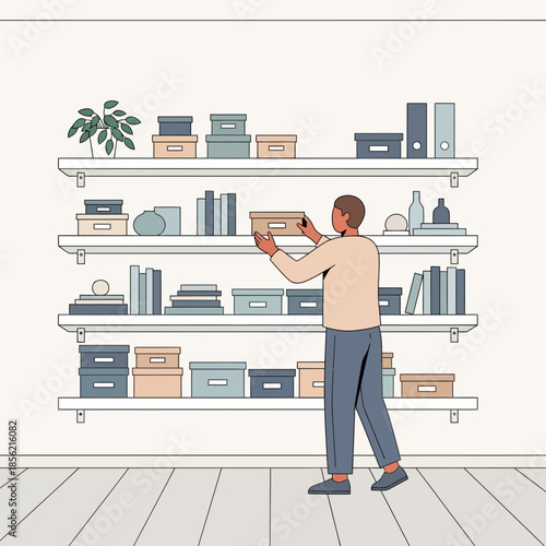 Man Organizing Boxes on Shelves, Home Storage and Decluttering Concept