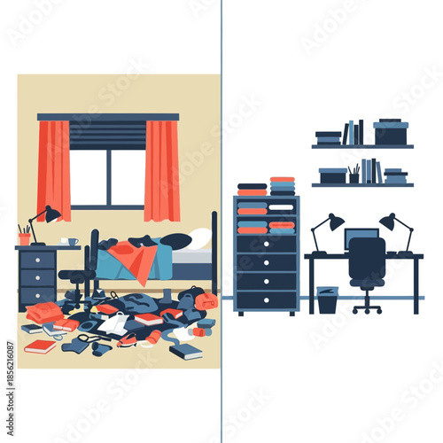 Messy Room vs Tidy Room, Before and After Cleaning Concept, Organization and Disorder