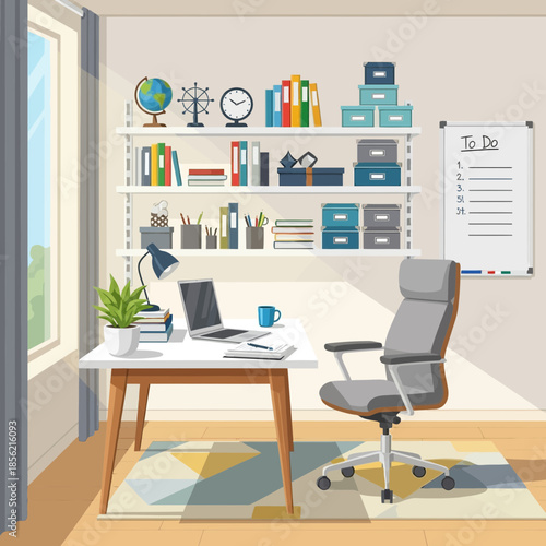 Modern Home Office Desk with Laptop, Chair, Shelves & To-Do List
