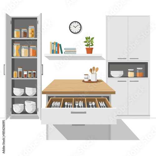 Modern kitchen interior with organized storage, pantry, island, and utensils.