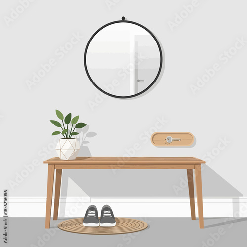 Modern Hallway Entrance with Console Table, Mirror, Plant, and Shoes