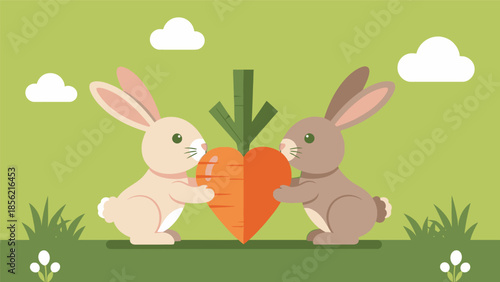Two Rabbits Sharing a Carrot Together.