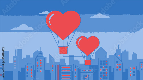 Heart Shaped Balloons Flying Over City.