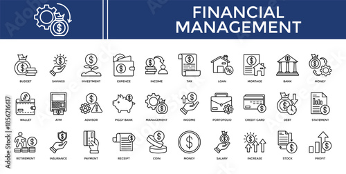 Financial management icon set collection. Containing invest, calculate, increase, retirement, profit, insurance, management .Line vector icons collection