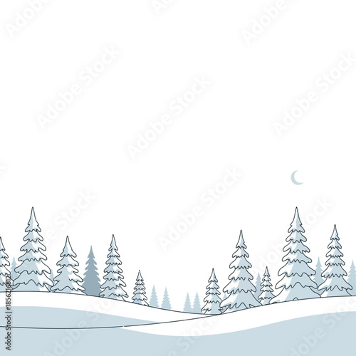 Winter forest landscape with snow-covered pine trees and crescent moon