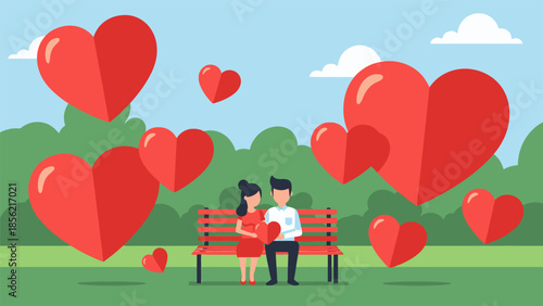 Couple Embracing on Park Bench Surrounded Hearts.
