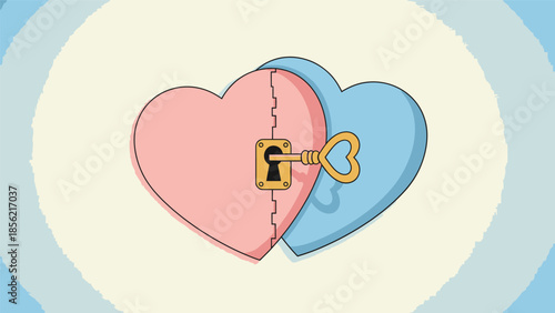 Two hearts locked together with padlock.