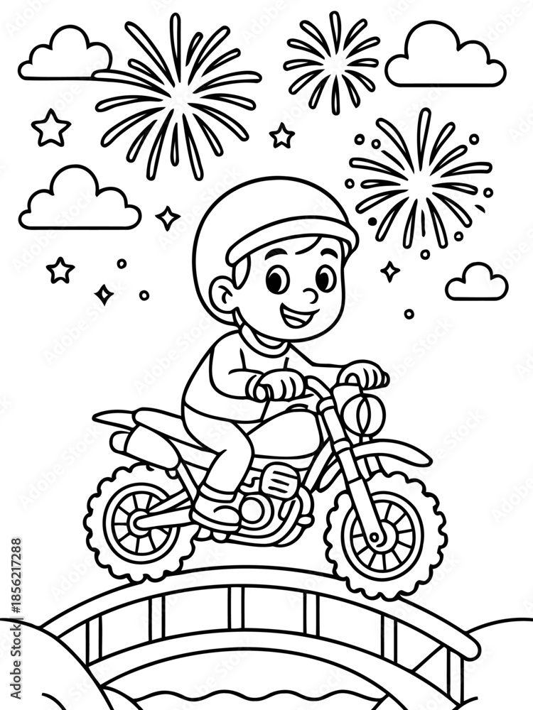 Fototapeta premium Motorcycle Adventure: An image that shows a child's adventurous spirit as he rides a motorcycle under a sky filled with fireworks and stars, a symbol of freedom and excitement.