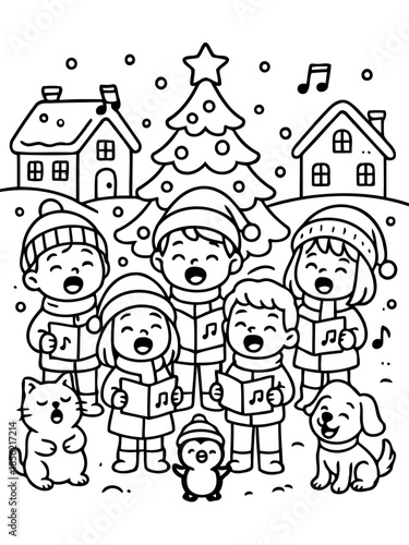 Harmonious Carols in the Snow: A charming illustration depicts a group of cheerful children singing Christmas carols in a snowy village.