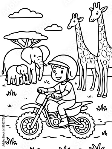 Motorcycle Adventure in the wild: A drawing of a adventurous child rides a motorcycle in a safari background, featuring an elephant, a giraffe, and various safari elements.