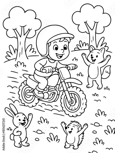 Motorcycle Adventure: A young adventurer in a helmet fearlessly rides a motorcycle. Cheerful wildlife friends cheer in a forest environment.