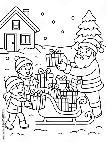 Gift Giving Illustration: A heartwarming illustration of a generous figure sharing gifts with eager children amidst a snowy winter scene, capturing the spirit of generosity and holiday cheer.
