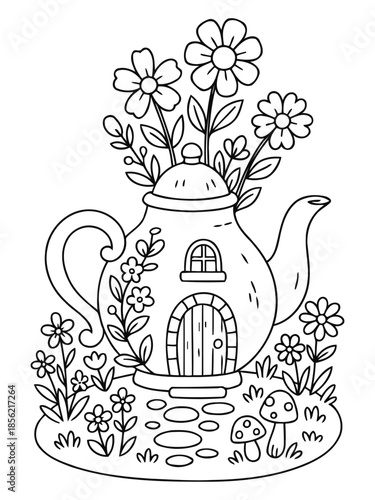Whimsical Teapot Garden: A charming, hand-drawn illustration showcases a fanciful teapot transformed into a tiny home, with a blossoming garden on its top. 