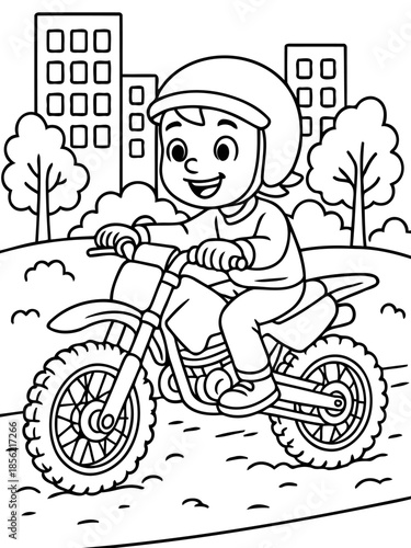 Motorcycle Ride: A child joyfully rides a motorcycle, wearing a helmet, embodying the spirit of adventure and freedom in an urban landscape.
