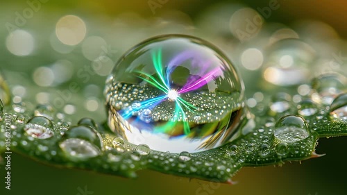 Water Droplet on Leaf with Rainbow Reflection.