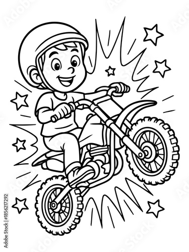 Motocross Adventure: A young rider, full of glee, conquers the track on a high-speed dirt bike, radiating energy and the spirit of adventure.