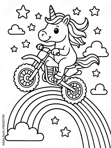 Unicorn Motorbike Adventure: A whimsical unicorn joyfully rides a motorbike across a vibrant rainbow, surrounded by playful stars and clouds. 