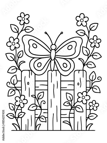 Butterfly's Garden Serenade: A delicate butterfly finds its perch upon a rustic fence, surrounded by blooming flowers and flourishing vines, evoking a sense of tranquility and the beauty of spring.