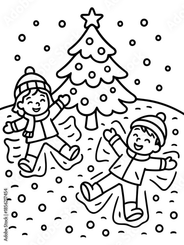 Winter Wonderland: Two children happily making snow angels near a Christmas tree, under a snowfall creating a joyful atmosphere of winter celebration.