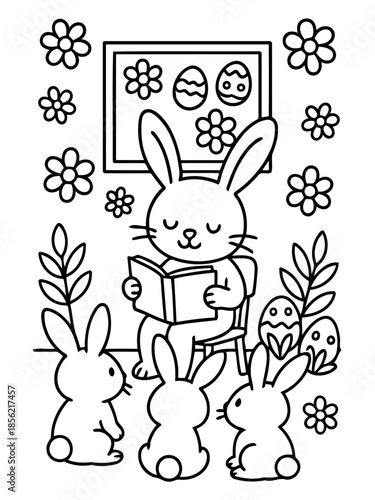 Easter Bunny's Storytime: An endearing illustration depicts a bunny engrossed in reading, surrounded by attentive listeners, all set amidst Easter symbols. 