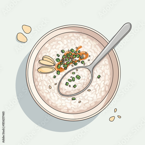 Bowl of Congee with Spoon, Chives, and Almonds - Top View Illustration