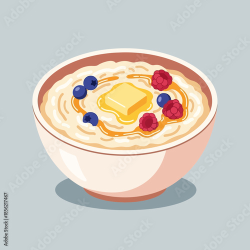 Bowl of Oatmeal with Berries, Butter and Honey - Healthy Breakfast Illustration