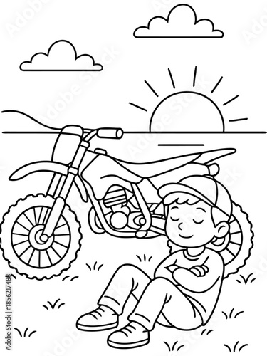 Restful Rider's Respite: A young rider rests in the sun beside his motorcycle, dreaming of the open road and thrilling adventures. This image is an illustration, not a photograph.