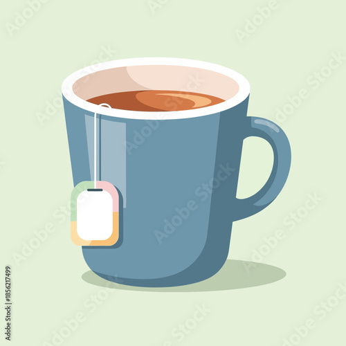 Blue mug with tea bag and hot beverage, flat illustration on pastel background