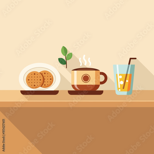 Flat design breakfast with coffee, cookies, and orange juice, light background