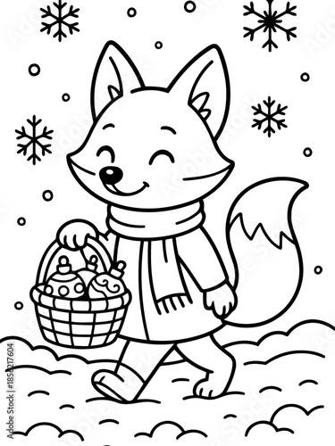 Festive fox: A charming fox, bundled in a warm scarf, merrily trudges through a snowy landscape, carrying a basket of colorful ornaments, capturing the joy of the holiday spirit.