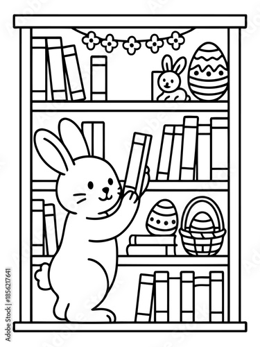 Bunny in the Bookstore: A delightful illustration of an adorable bunny exploring a bookstore shelf filled with books. With an Easter egg in the shelf.