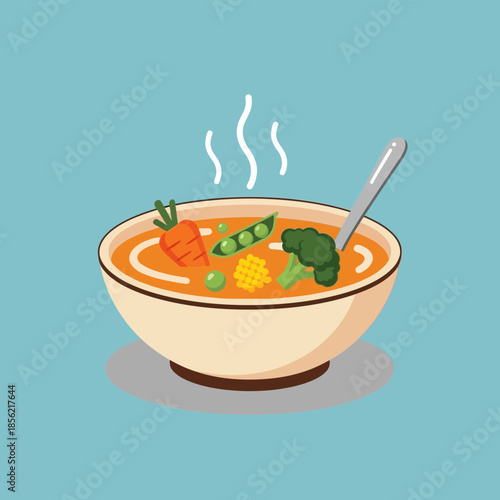 Healthy Vegetable Soup Bowl with Steaming Broth and Spoon