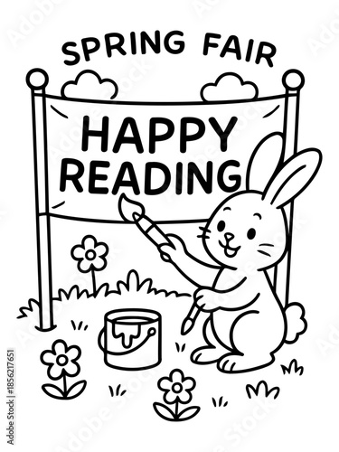 Spring Fair Delight: A charming bunny with a brush in hand adding a touch of color to the banner for the Spring Fair, promoting the joy of reading.