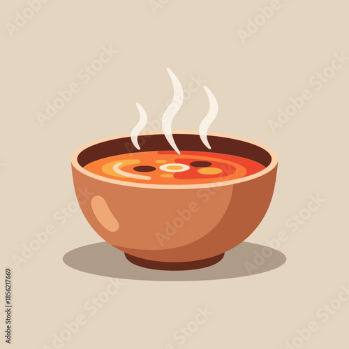 Hot steaming bowl of soup with ingredients, flat design illustration