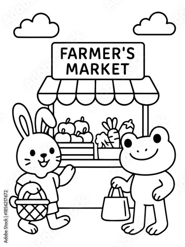 Wallpaper Mural Community Market : a cartoon depicting a friendly rabbit and frog at a vibrant community farmers market, showcasing fresh produce. Torontodigital.ca