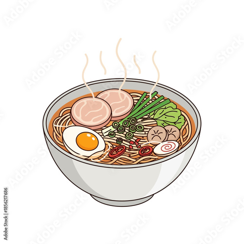 Steaming Bowl of Japanese Ramen Noodles with Egg, Meat and Vegetables