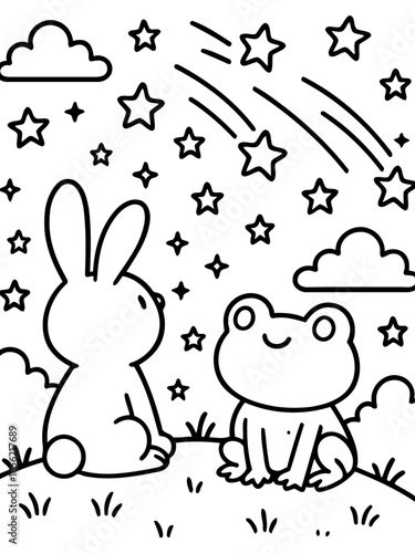 Rabbit and Frog Gazing at Stars: Two adorable characters, a rabbit and a frog, share a moment of wonder as they gaze up at a night sky filled with stars and shooting stars.