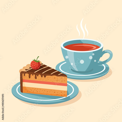 Slice of cake with strawberry and a cup of hot tea on a plain background