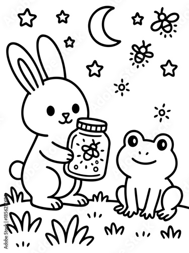 Nighttime Friends Illustration: A whimsical illustration showing a cute bunny and frog gazing up at the night sky. The bunny holds a jar containing fireflies with moon and stars surrounding them. 
