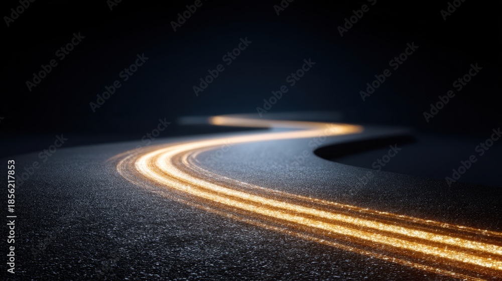 Naklejka premium Curved Road with Illuminated Light Trails at Night on a Dark Surface Creating an Intriguing and Mysterious Atmosphere for Creative Projects