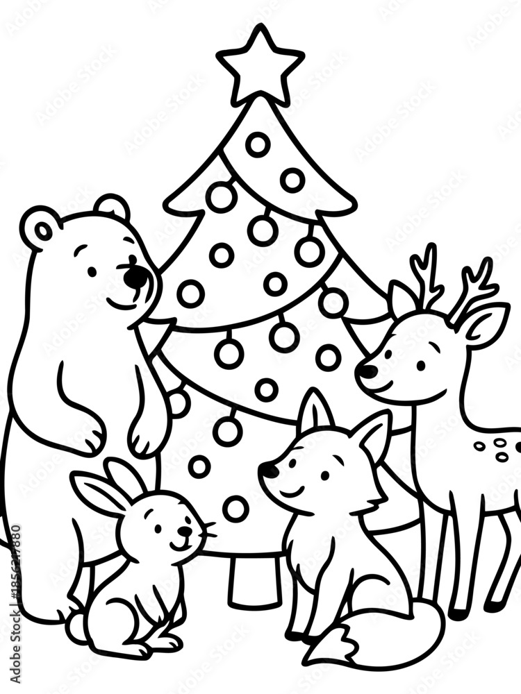 Naklejka premium Holiday Cheer: Adorable woodland animals gather around a festive, decorated tree, their simple forms filled with the spirit of the season.