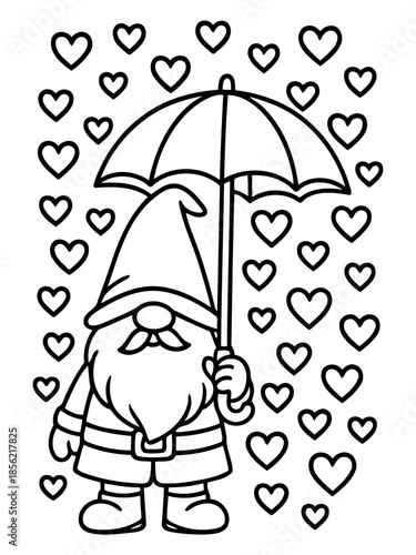 Gnome's Heartfelt Umbrella: A whimsical illustration of a charming gnome shielding himself with an umbrella amidst a cascade of hearts, expressing love.
