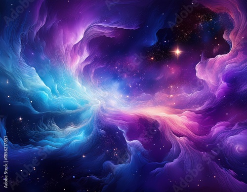 a vibrant abstract cosmic nebula with swirling shades of purple and blue dotted with twinkling stars in a dark starry sky