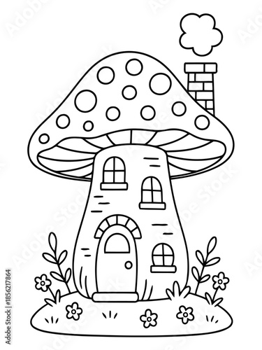 Whimsical Mushroom Cottage Illustration: This illustration captures a whimsical mushroom-shaped cottage, with detailed outlines of the house, chimney, windows, door, and surrounding foliage.