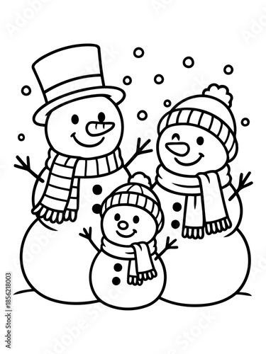 Winter Wonderland Family: A cheerful snowman family, composed of a parent figure, mother figure, and a child, stand closely together in a flurry of gentle snowflakes.