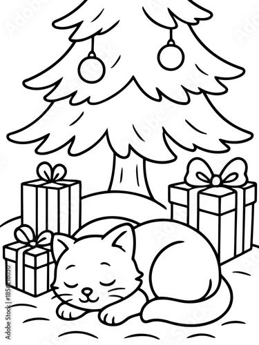 Festive Cat's Slumber: A serene, line-art image of a cat peacefully asleep beneath a decorated Christmas tree, surrounded by wrapped gifts. It's a cozy and heartwarming scene of holiday tranquility.