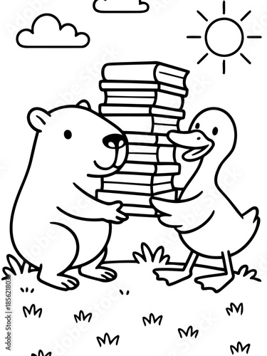 Bear and Duck's Book Exchange: Charming illustration of a bear and a duck in a heartwarming scene, exchanging books and sharing a moment of literary camaraderie.