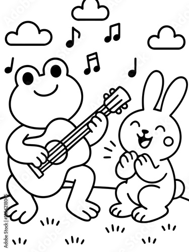 Musical Duo's Melody: A cheerful frog plays the guitar, serenading a joyous bunny with musical notes floating around them, in a scene of pure delight.