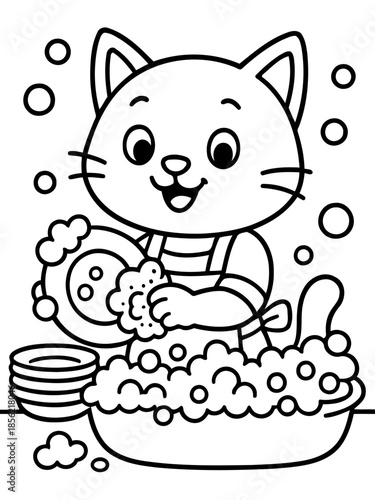 Kitty's Kitchen Duty: A charming kitty diligently washes dishes in a sink filled with bubbly suds, demonstrating cleanliness.