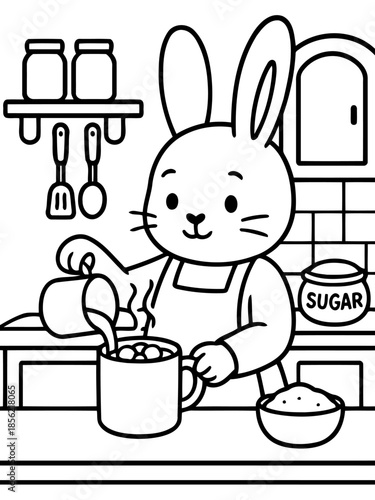 Bunny's Cocoa Concoction: An adorable bunny diligently crafts a warm cup of cocoa in a cozy kitchen setting, creating a scene of warmth and domestic charm.